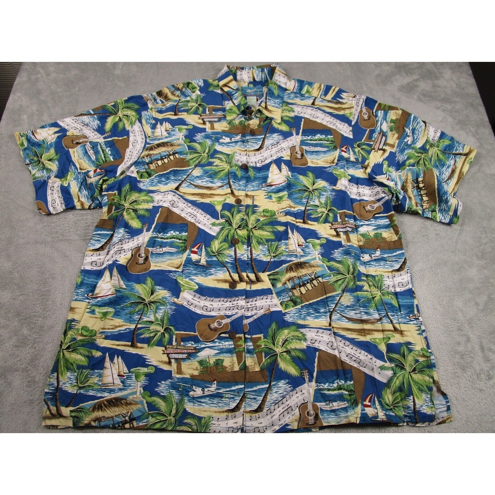 Margaritaville Shirt Mens XXL Blue Hawaiian All Over Print Button Up Vintage